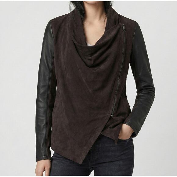 Blank NYC Jackets & Blazers - Blank NYC Mixed Media Drape Front Jacket Small Black Sued Faux Leather